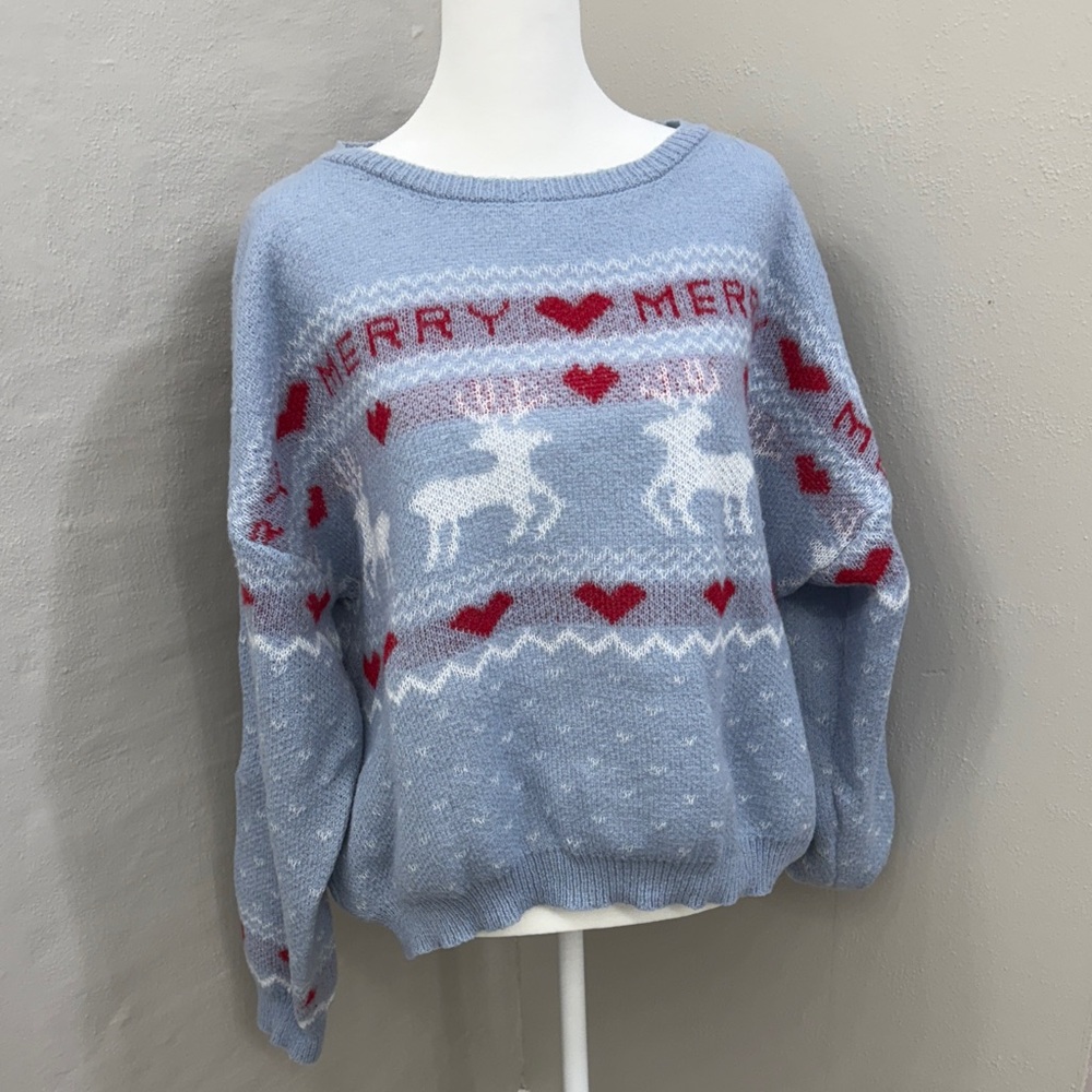 SHEIN Light Blue Festive Reindeer Sweater
